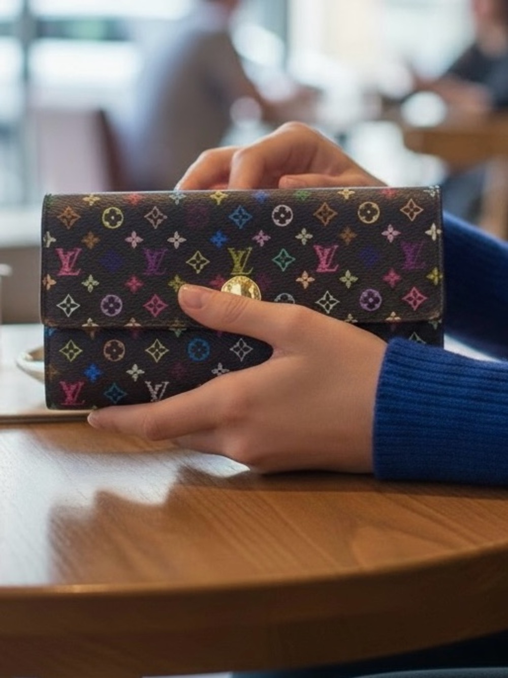 Pre loved Louis Vuitton Takashi Murakami Sarah Wallet Black Multicolored